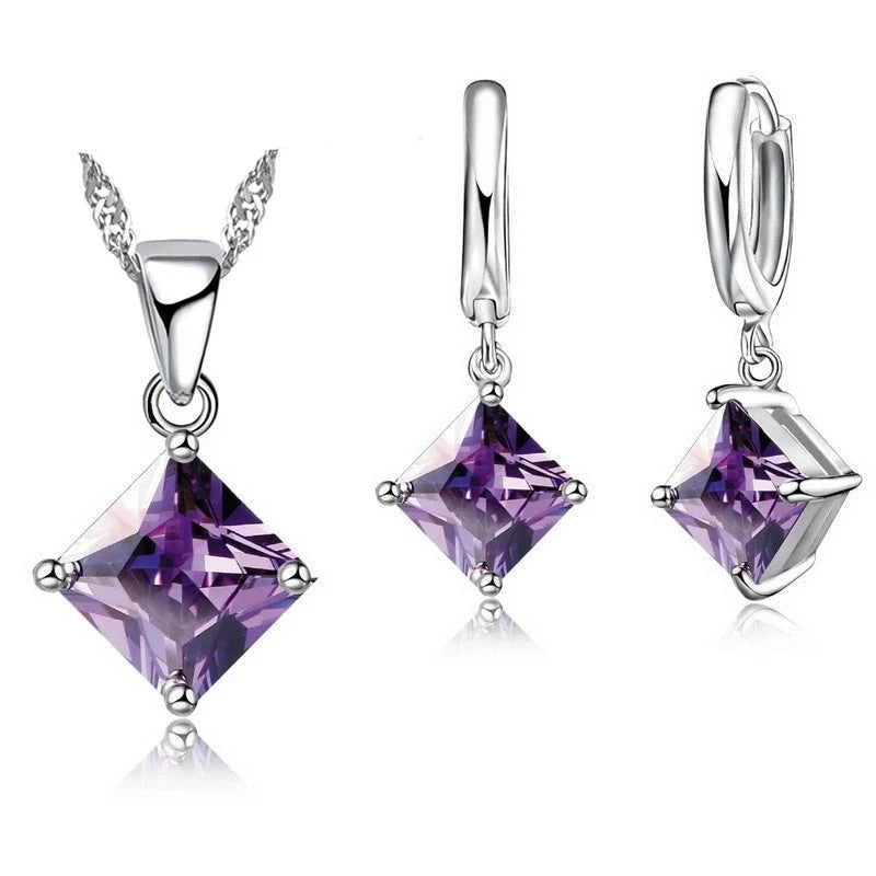Ensemble de Bijoux en Argent Sterling 925 avec Pendentif Cristal et Boucles d'Oreilles pour Femme