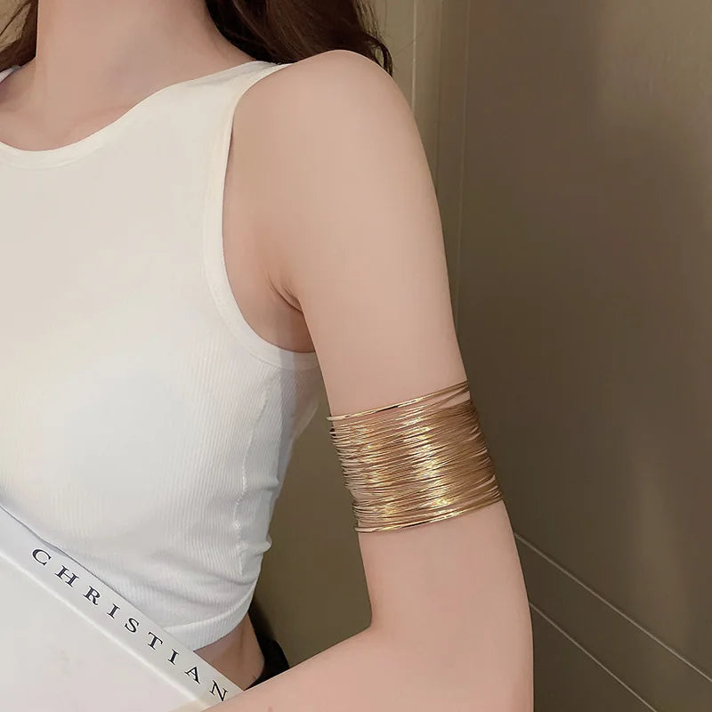 Boho Punk Metal Leaf Flower Upper Arm Bracelet For Women Girl Fashion Geometric Open Cuff Bangle Adjustable Armband Jewelry Gift