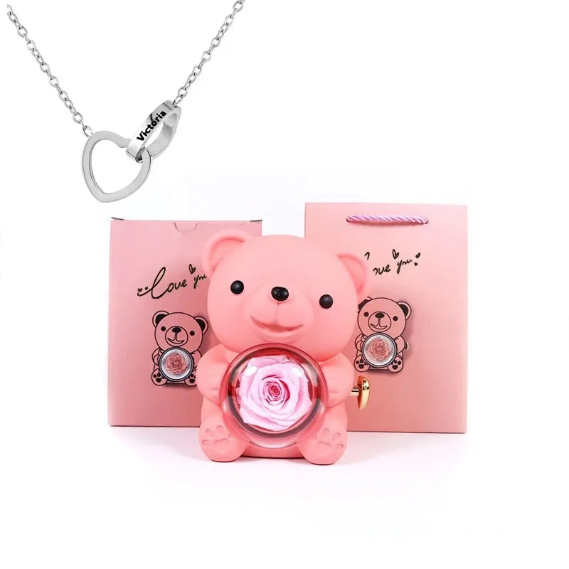 Boîte Cadeau Eternal Rose en Forme d'Ours avec Collier - Coffret Bijoux Rotatif pour Femme et Petite Amie, Idéal Saint-Valentin et Mariage