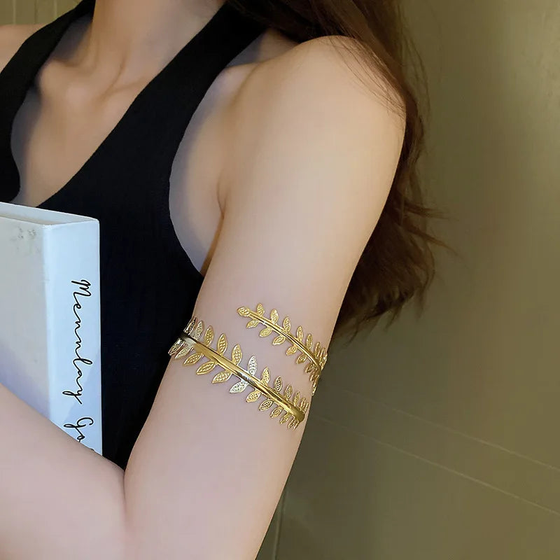 Boho Punk Metal Leaf Flower Upper Arm Bracelet For Women Girl Fashion Geometric Open Cuff Bangle Adjustable Armband Jewelry Gift