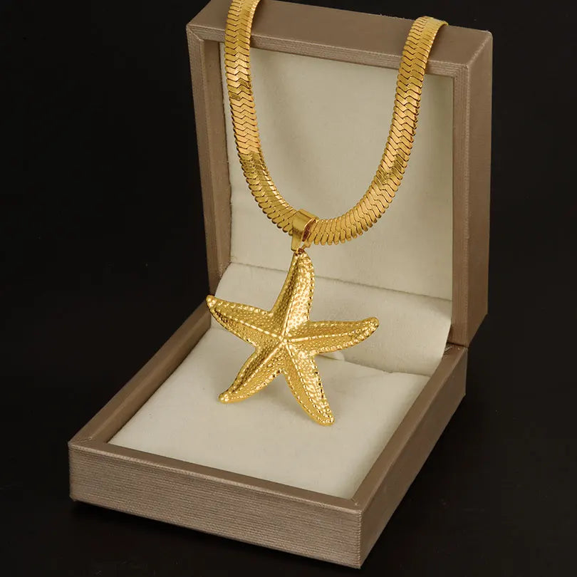 New Temperament Stainless Steel Ocean Series Starfish Jewelry Metal Pendant Necklace/Earring/Ring  No Fading For Women Punk Set