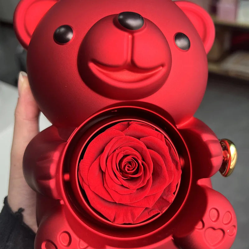 Boîte Cadeau Eternal Rose en Forme d'Ours avec Collier - Coffret Bijoux Rotatif pour Femme et Petite Amie, Idéal Saint-Valentin et Mariage