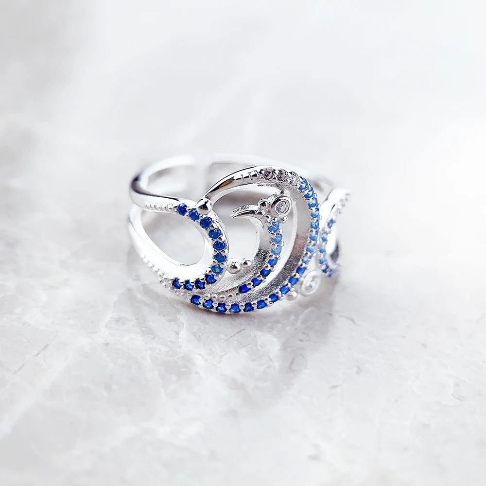 Anneau Vague avec Pierres Bleues - Nouveauté - Fine Joaillerie - Argent Sterling 925 Pur - Tendance - Cadeau pour Femmes