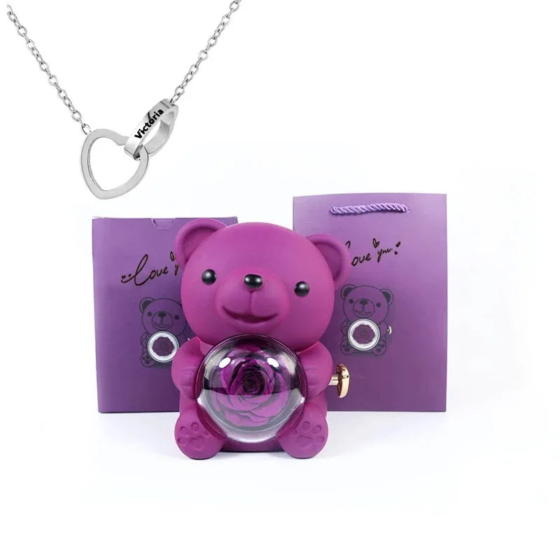 Boîte Cadeau Eternal Rose en Forme d'Ours avec Collier - Coffret Bijoux Rotatif pour Femme et Petite Amie, Idéal Saint-Valentin et Mariage