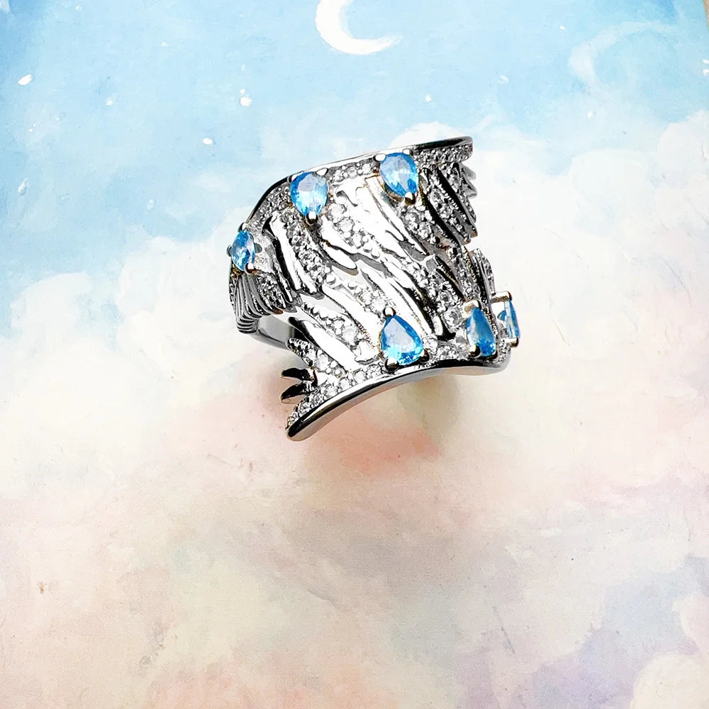 Bague Aile de Phénix - Style Bohème 925 Argent Sterling avec Pierres Bleues