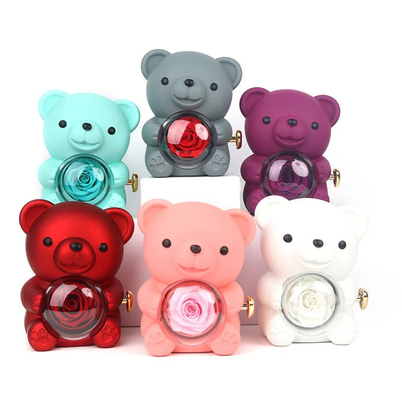 Boîte Cadeau Eternal Rose en Forme d'Ours avec Collier - Coffret Bijoux Rotatif pour Femme et Petite Amie, Idéal Saint-Valentin et Mariage