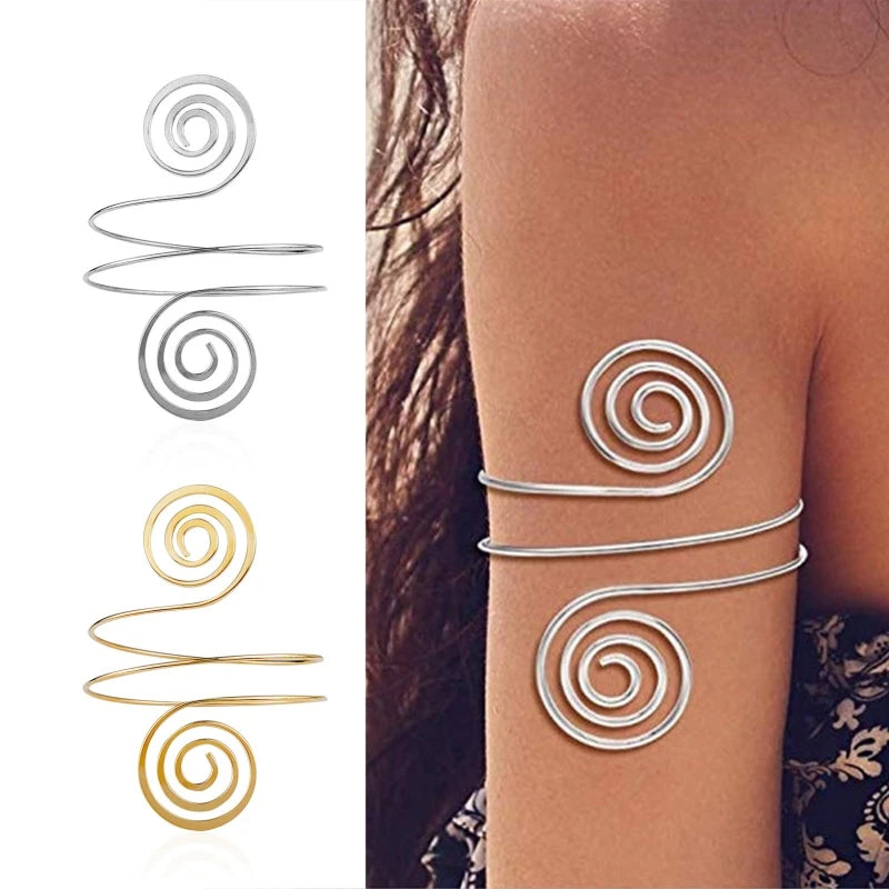 Bracelet Manchette Spirale Haut de Bras – Forme Tourbillon Ajustable Or & Argent