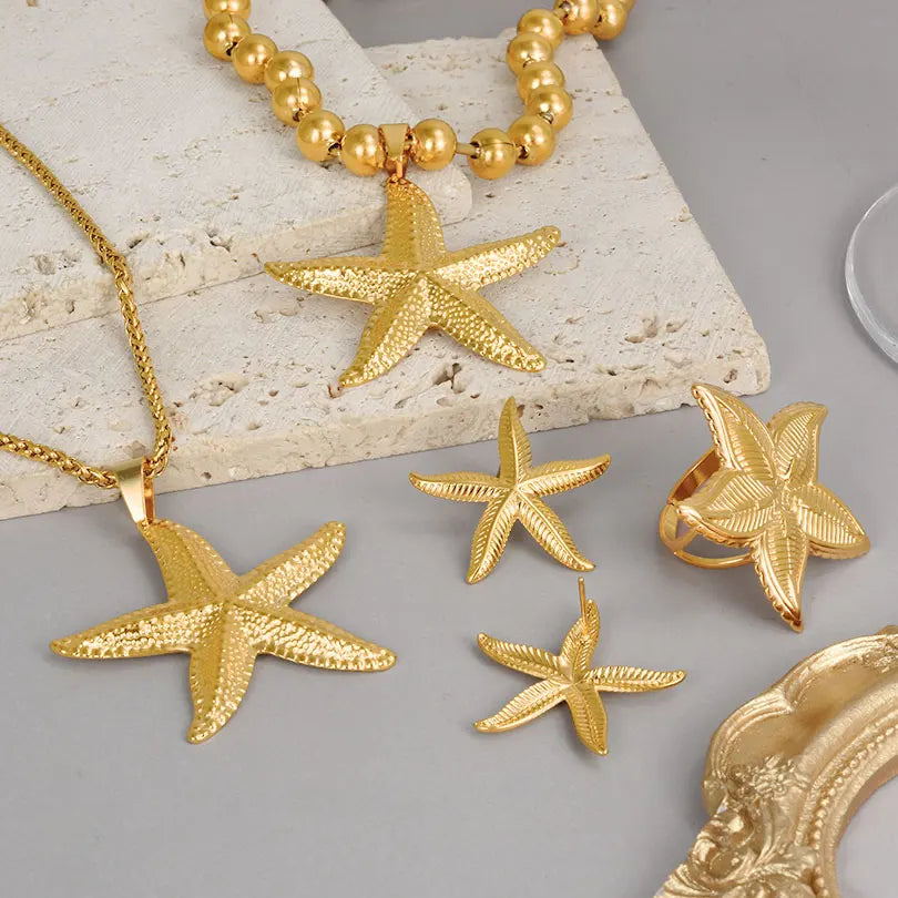 New Temperament Stainless Steel Ocean Series Starfish Jewelry Metal Pendant Necklace/Earring/Ring  No Fading For Women Punk Set