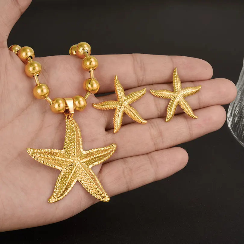 New Temperament Stainless Steel Ocean Series Starfish Jewelry Metal Pendant Necklace/Earring/Ring  No Fading For Women Punk Set