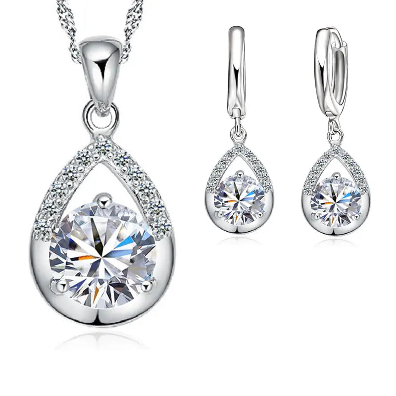 Ensemble de Bijoux de Mariée en Argent Sterling 925 avec Collier en Goutte d'Eau Cristal et Boucles d'Oreilles Créoles