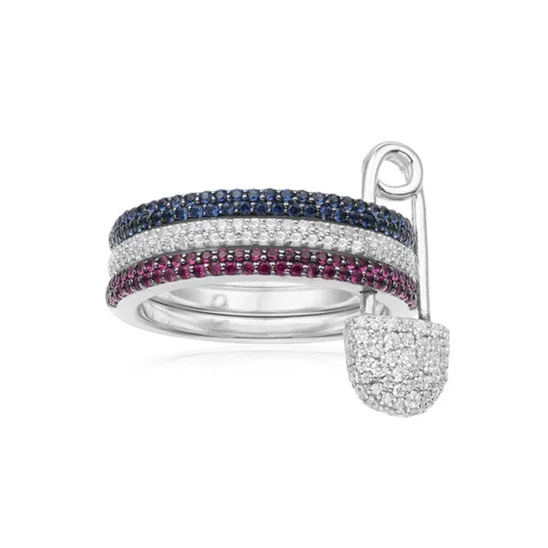 Bague Double Anneau avec Pendentif Sécurité – Zircons Étincelants, Multi Couleurs