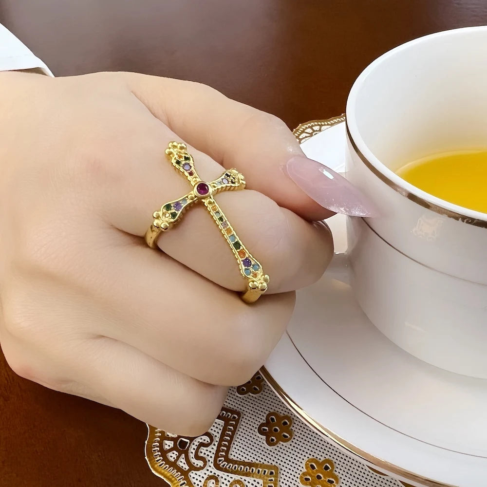Bague Colourful Royalty Cross Gold - Modèle Victoire Neuf - Vintage Cadeau Fine Jewerly Pour Femmes En 925 Argent Sterling