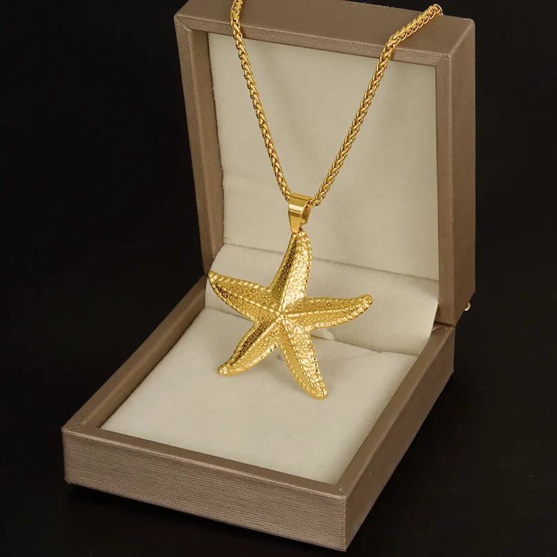 New Temperament Stainless Steel Ocean Series Starfish Jewelry Metal Pendant Necklace/Earring/Ring  No Fading For Women Punk Set