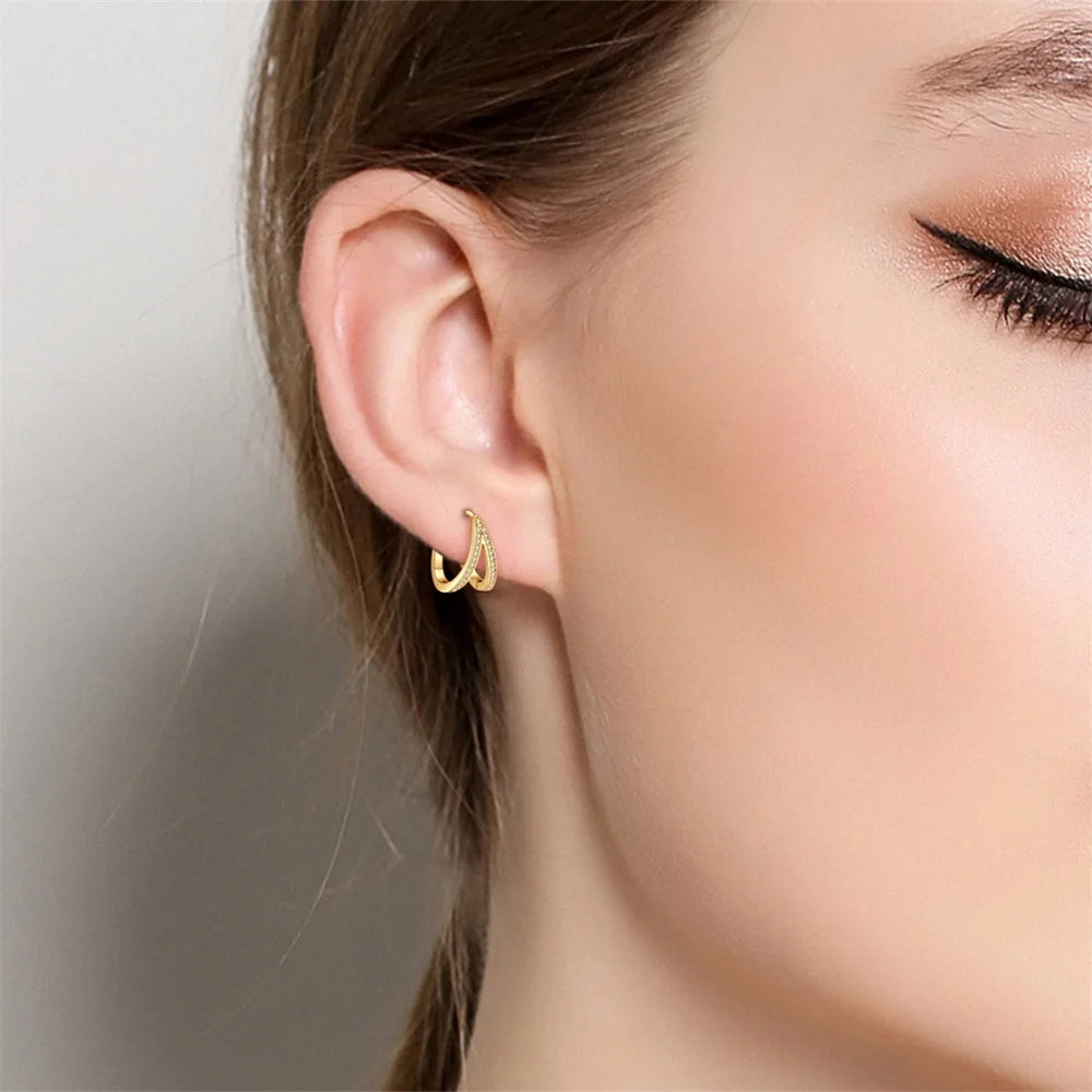 Boucles d’Oreilles Créoles en Argent Sterling 925 - Double Anneaux Pavés Style Classique pour Femme