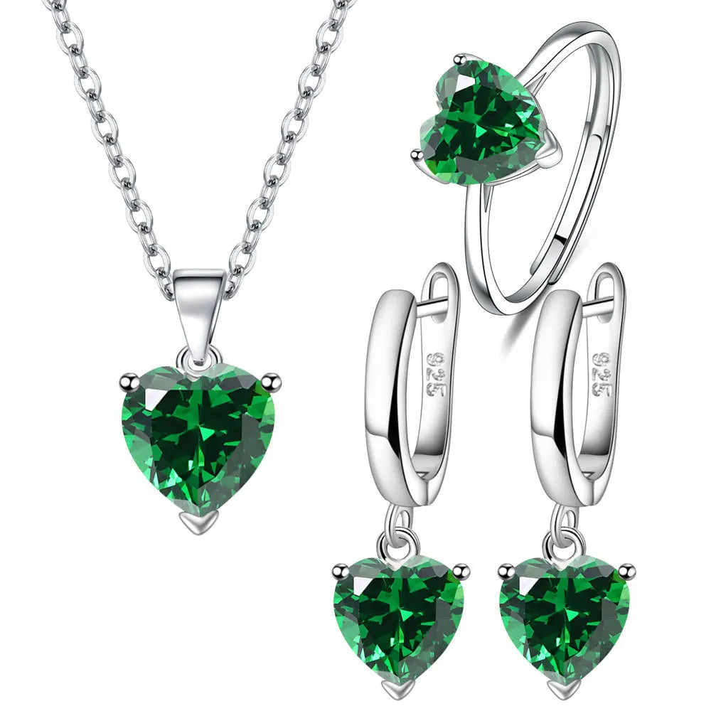 Ensemble de Bijoux en Argent Sterling 925 pour Femmes avec Bague, Boucles d'Oreilles et Collier Zircon Coeur