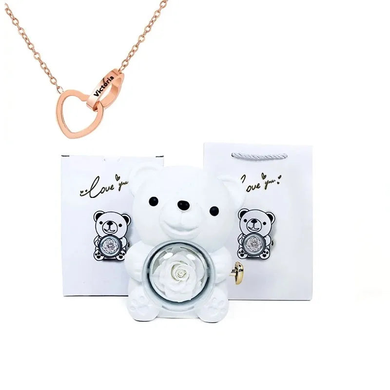 Boîte Cadeau Eternal Rose en Forme d'Ours avec Collier - Coffret Bijoux Rotatif pour Femme et Petite Amie, Idéal Saint-Valentin et Mariage