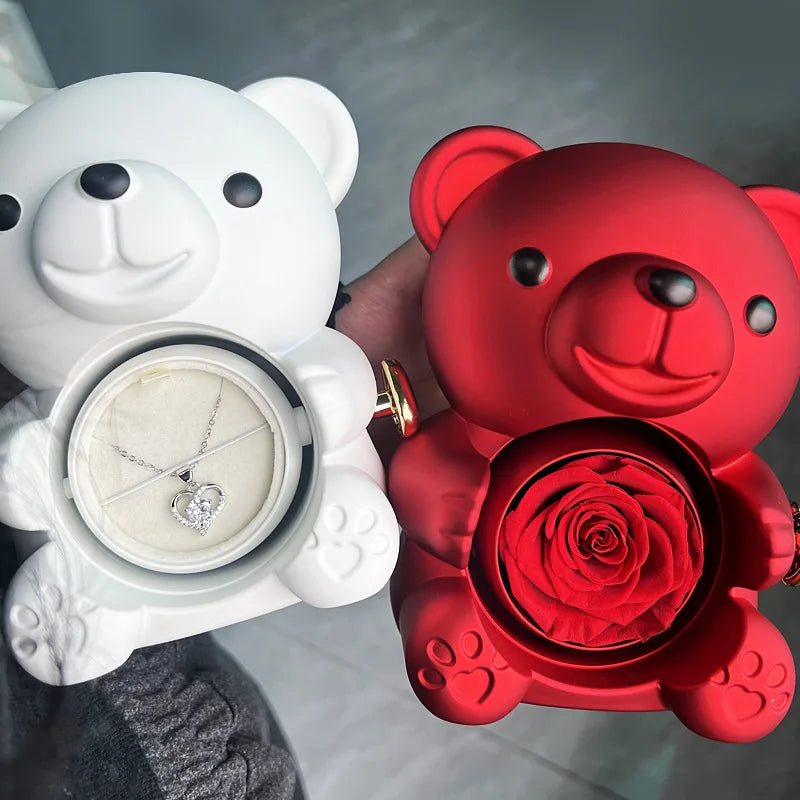 Boîte Cadeau Eternal Rose en Forme d'Ours avec Collier - Coffret Bijoux Rotatif pour Femme et Petite Amie, Idéal Saint-Valentin et Mariage