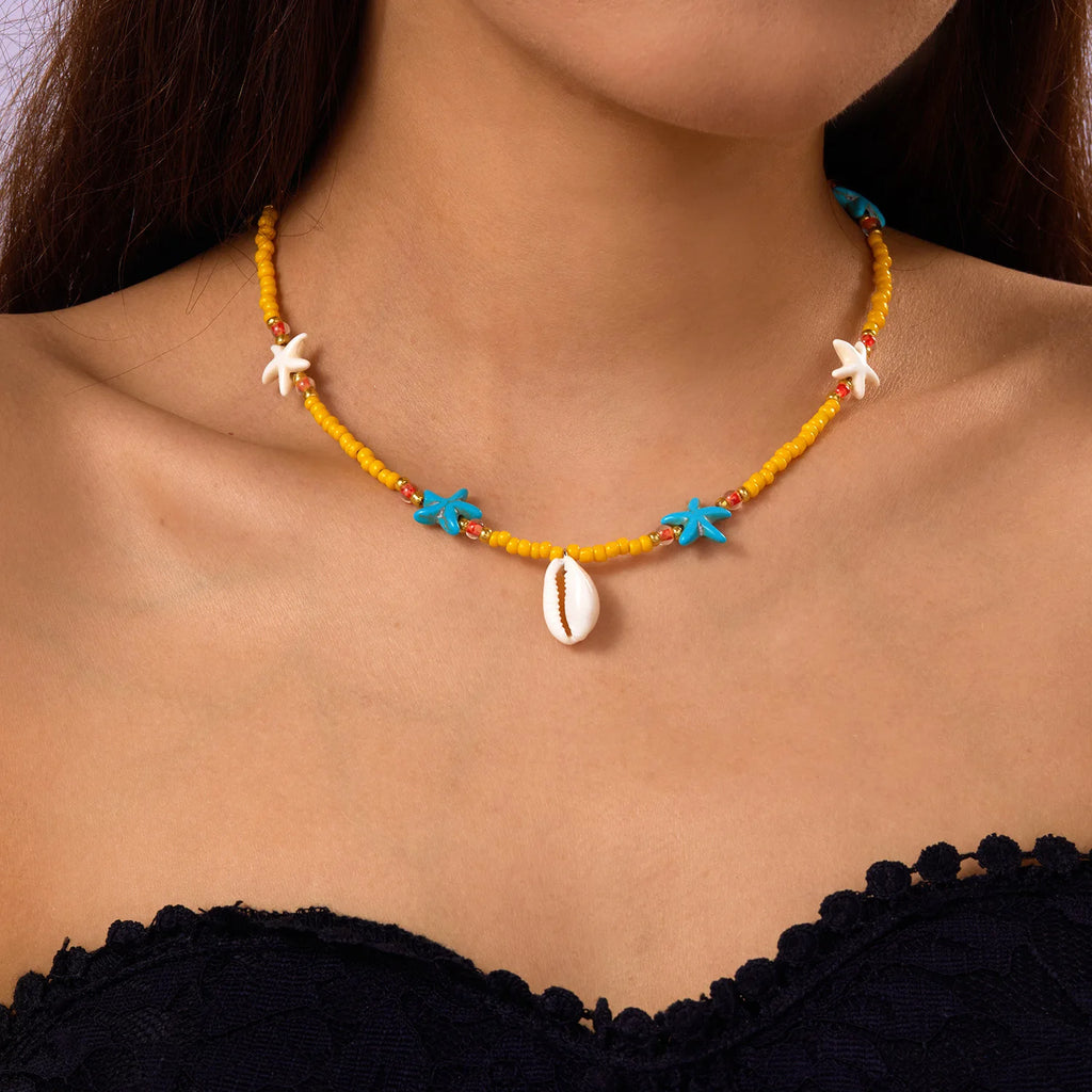 Bohemia Multicolour Bead Shell Pendant Necklace for Women Fashion Summer Adjustable Geometric Jewelry Holiday Beach Gift