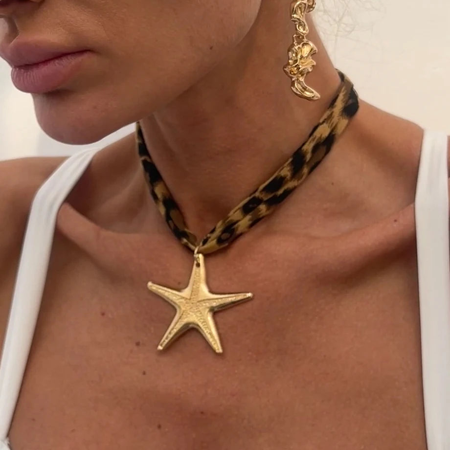 KunJoe 7 Styles Metal Starfish Conch Heart Pendant Necklace Women Leopard Pattern Soft Cotton Velvet Short Choker Neck Chain
