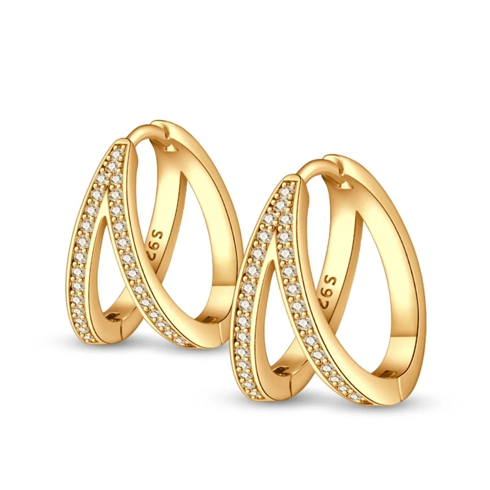 Boucles d’Oreilles Créoles en Argent Sterling 925 - Double Anneaux Pavés Style Classique pour Femme